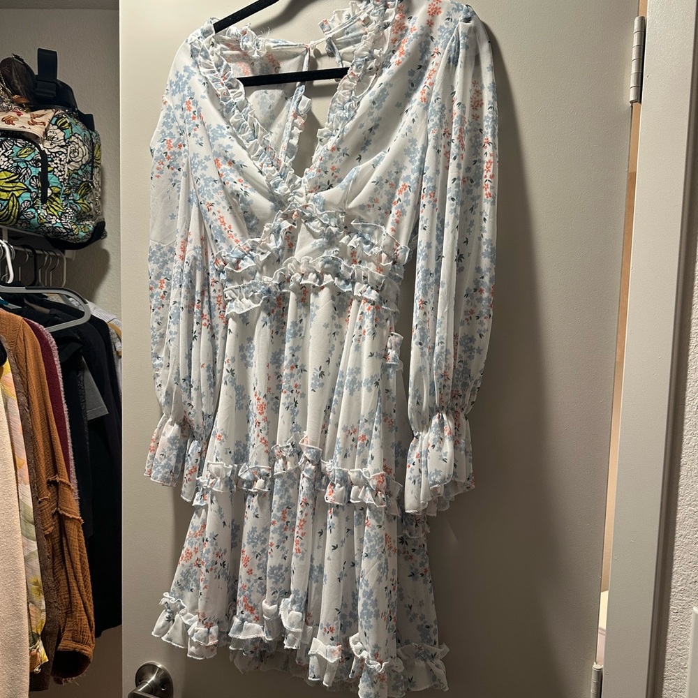 REVOLVE Floral Ruffle Long Sleeve Dress in White and Blue